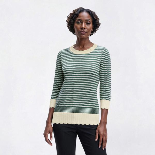 Womens Adrianna Papell 3/4 Sleeve Stripe Scallop Edge Sweater